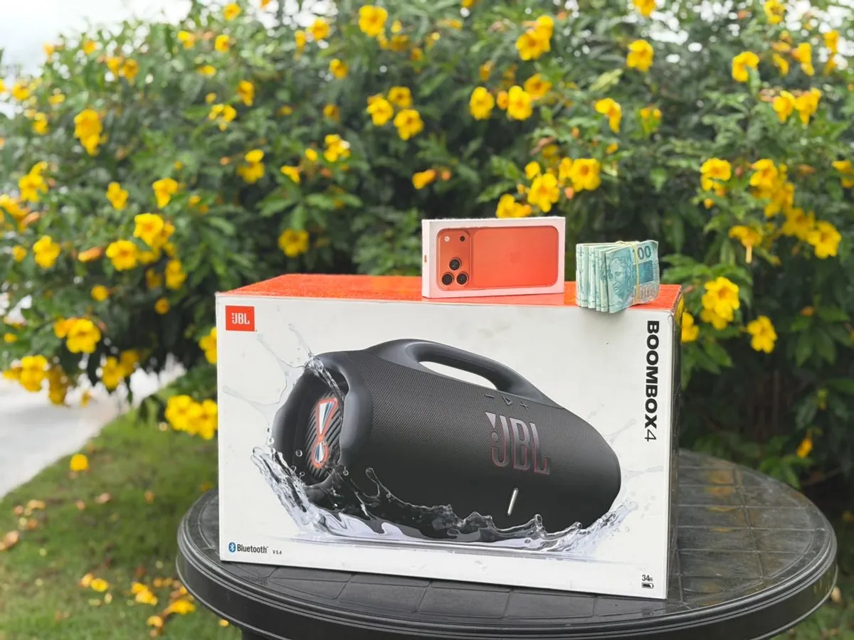 CENTENA: IPHONE 17 PRO MAX + JBL BOOMBOX 4 OU 15.000,00 SORTEIO 16 DE MAIO